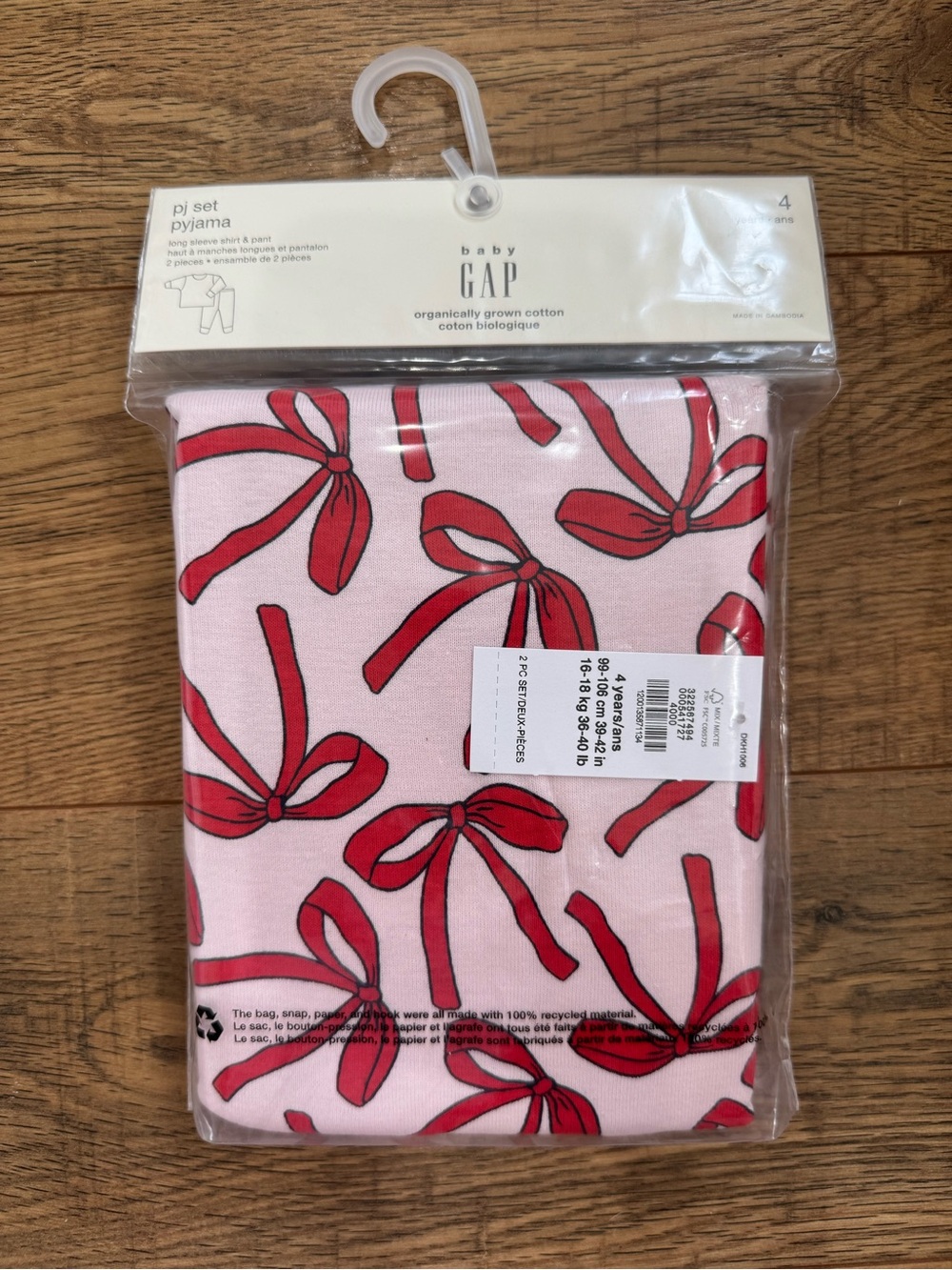 GAP Baby Pink Pajama Set with Red Bow Pattern